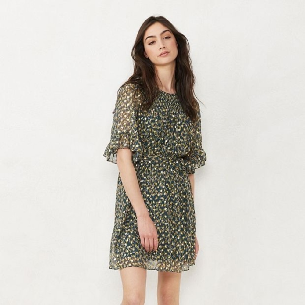 NWT LC Lauren Conrad Smocked Yoke Babydoll Dress, fall & winter colors gold - Picture 1 of 13
